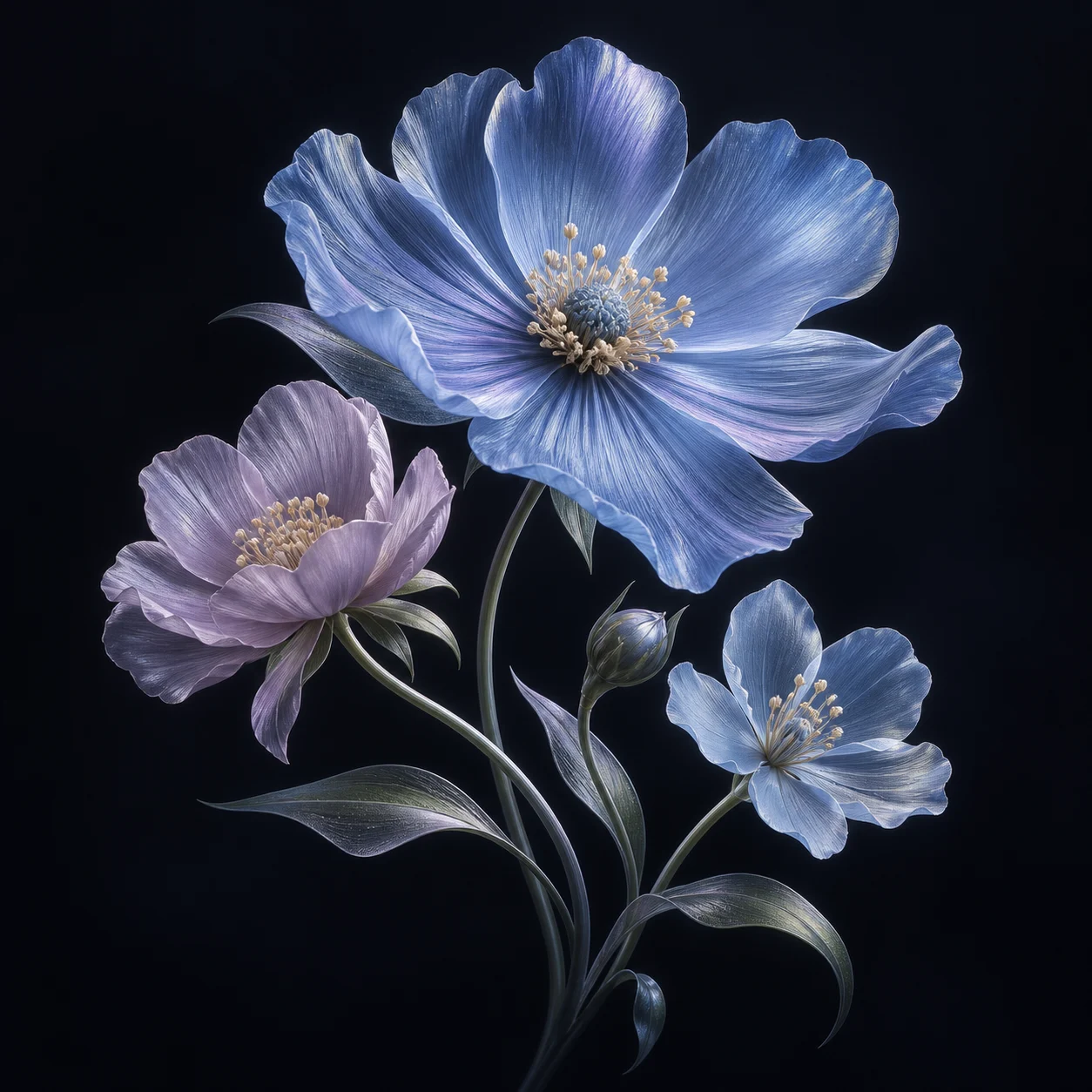 Sculptural icy blue and lavender flowers in bloom